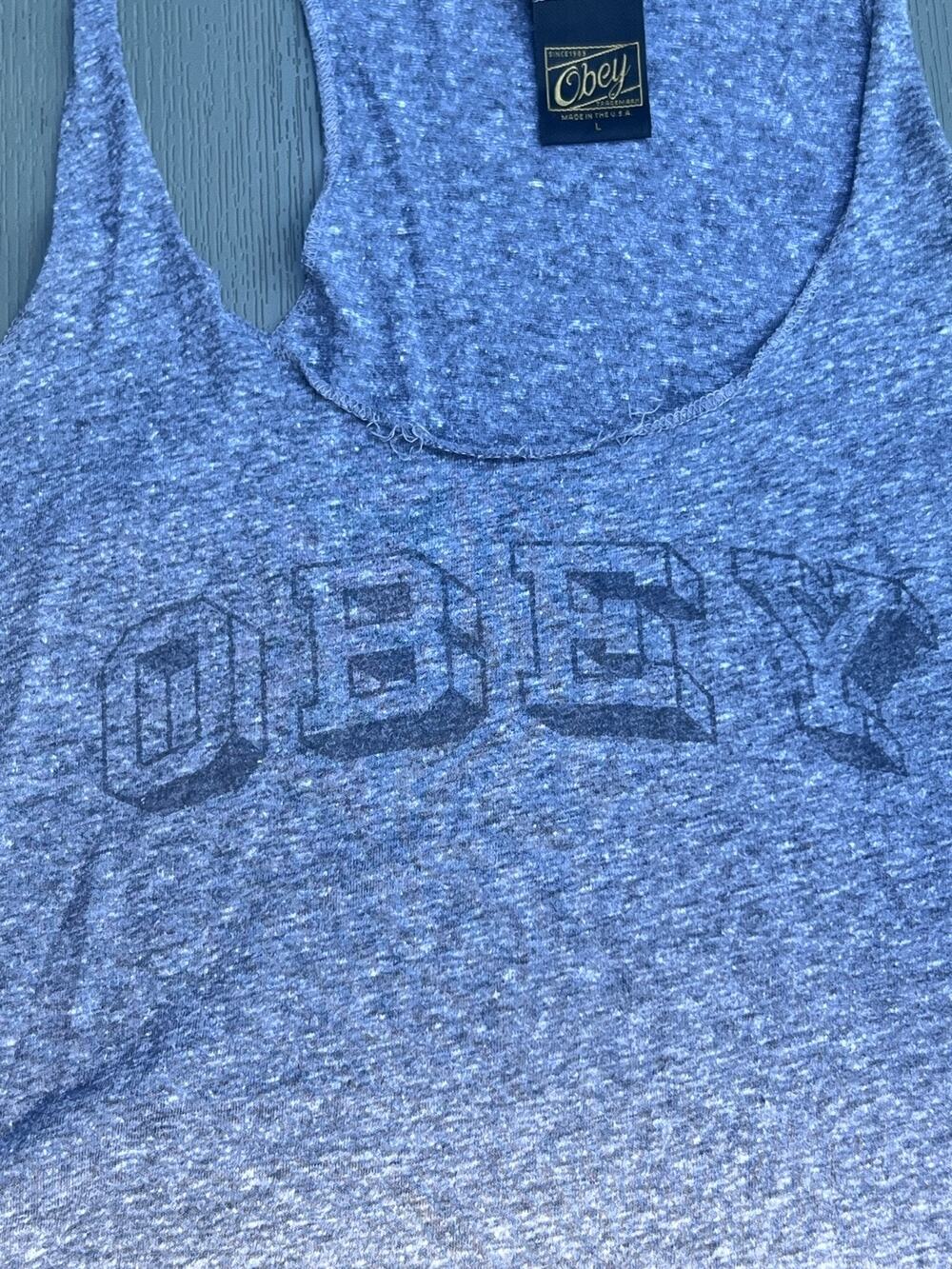 OBEY Racerback Tank Top Womens L Heather Grey Ombre Made in USA Graphic Logo